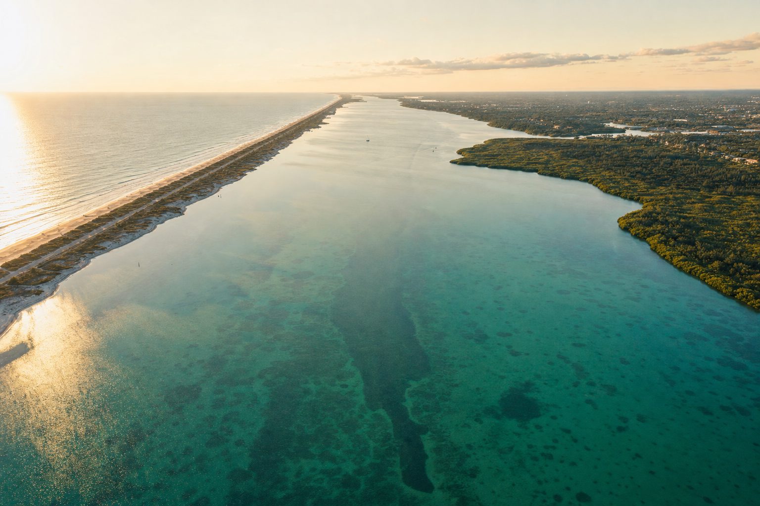 Aerial view of the Indian River Lagoon at golden hour